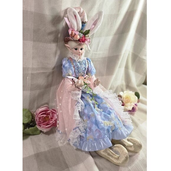 Cynthia Rowley Easter Elf Bunny Shelf Sitter Doll Tabletop Spring Blue Dress - Picture 1 of 6